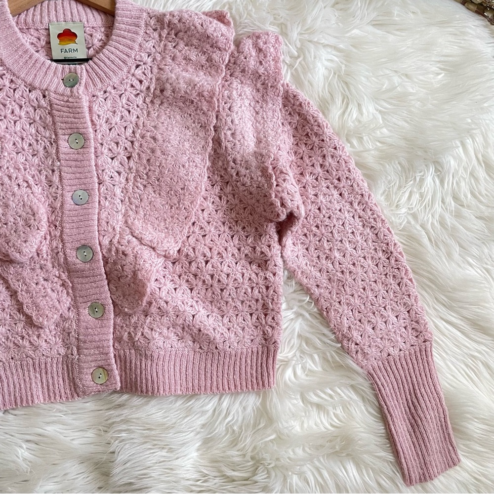 Farm Rio Pink Flower Texture Crochet Knit Ruffle Cardigan Sweater NWT Small - Picture 10 of 16